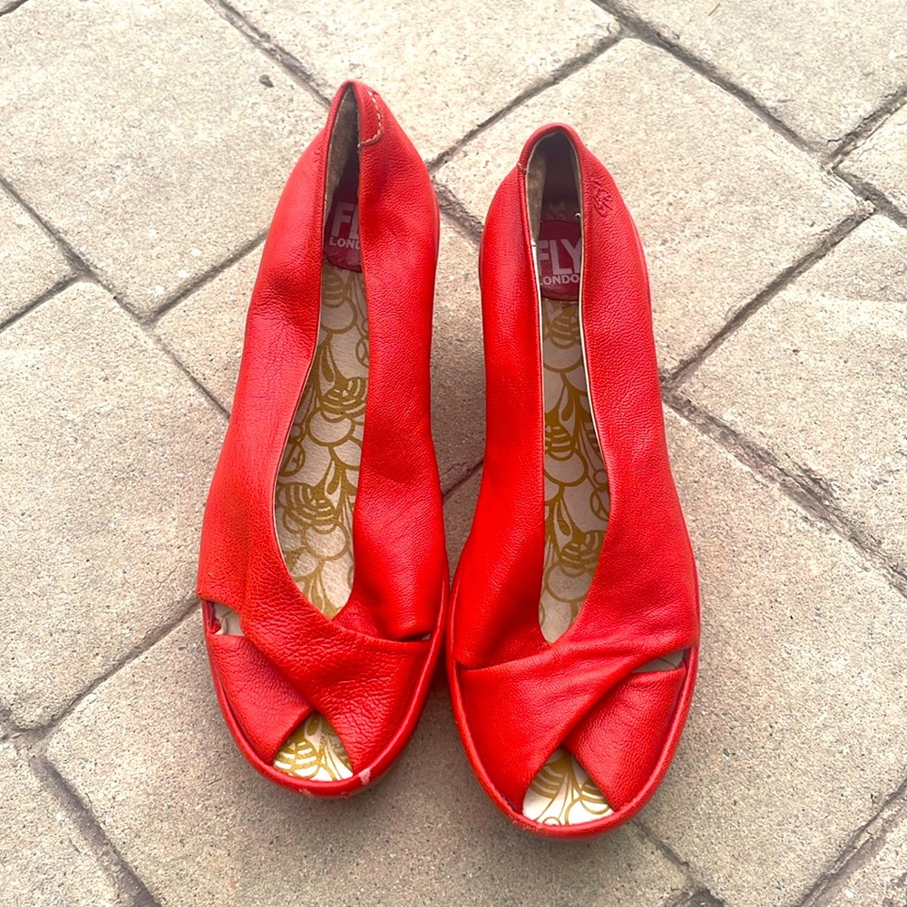 Fly london red shoes. Open toe.